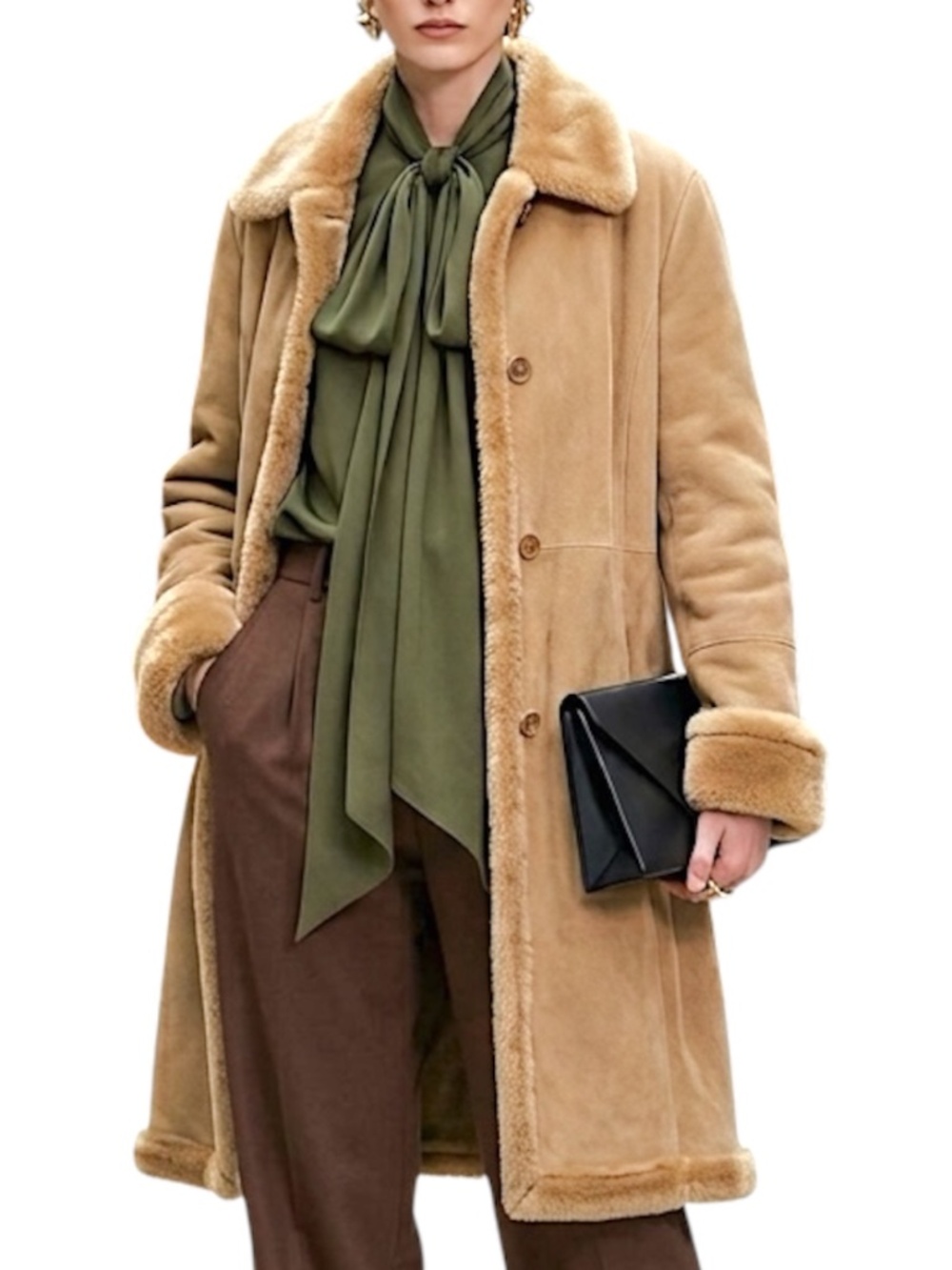 90s Y2K camel suede faux plush shearling quiet luxury penny lane style coat M